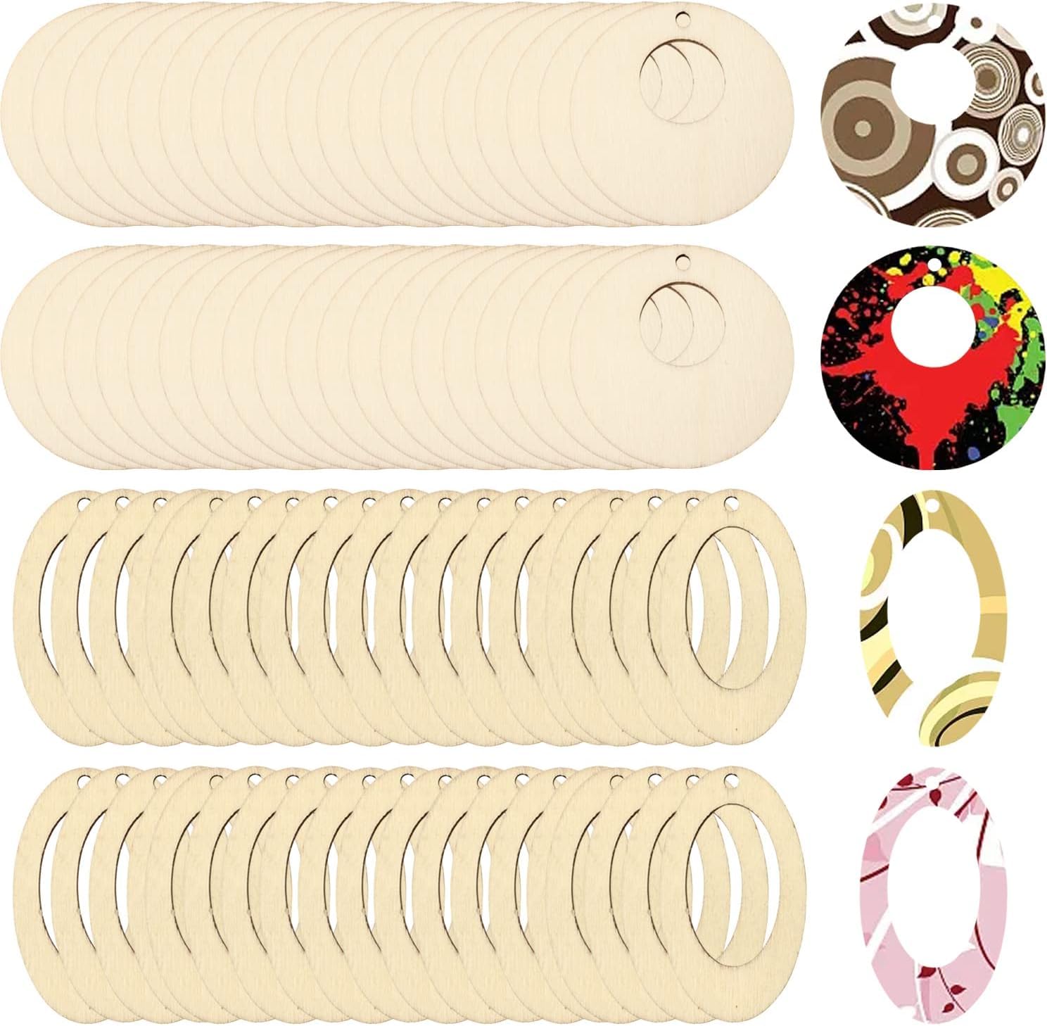 100 PCS Geometric Wooden Earring Pendants – 2 Styles Round & Oval